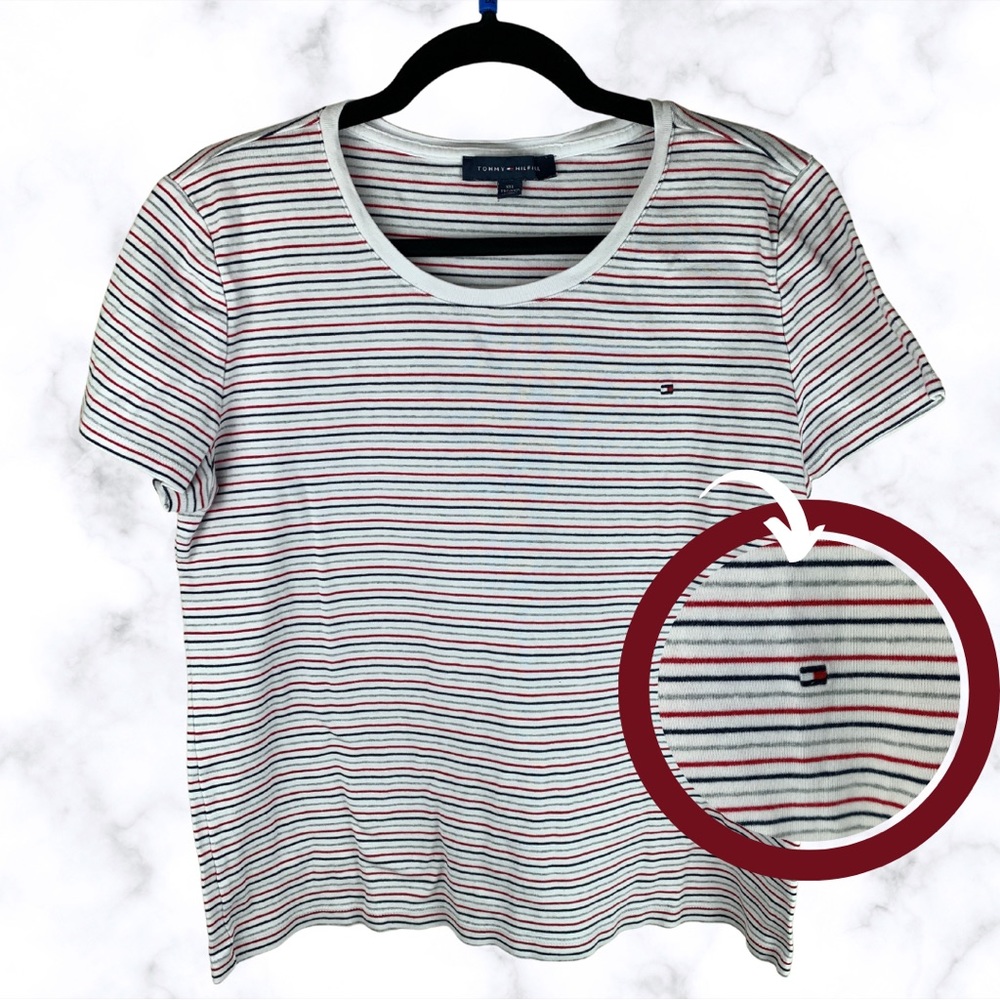 XXL Tommy Hilfiger Stripped White Blue Red 100% Cotton Short Sleeve Tee